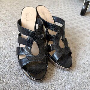 ✨ Franco Sarto Espadrille Wedge Sandals Black Leather Croc Embossed Summer Chic